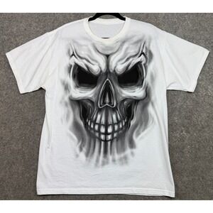 Vintage Airbrushed Skull Graphic T Shirt Mens L White Black Y2K Halloween Art
